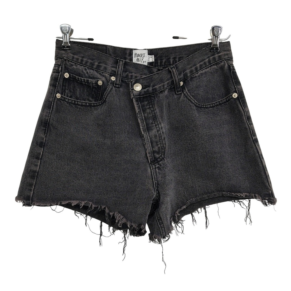 Princess Polly Denim Shorts Womens 8 Black Crossover Waist Asymmetric Raw Hem